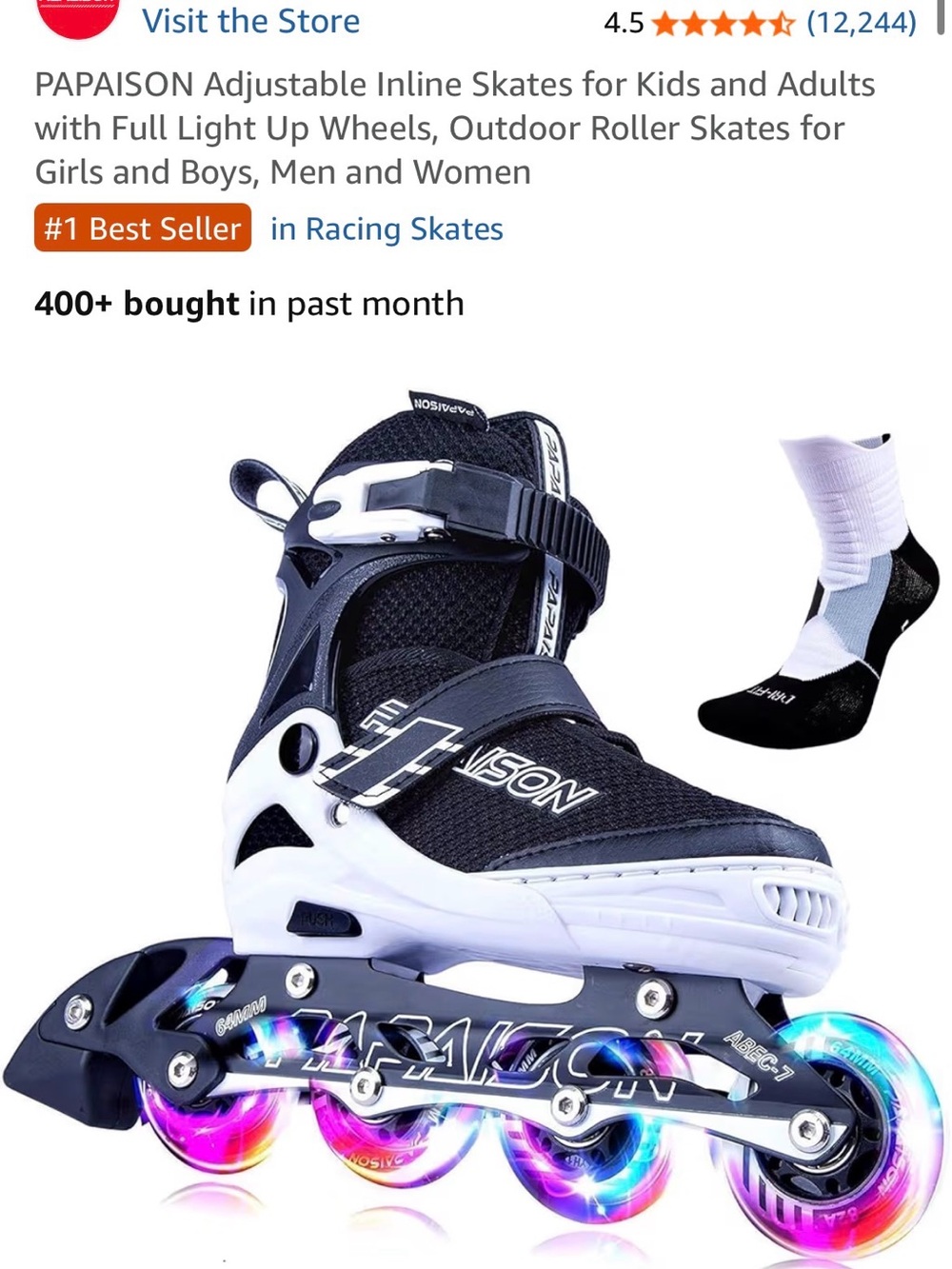 Kids Adjustable Inline Roller Skates - Black & White with Light-Up Wheels